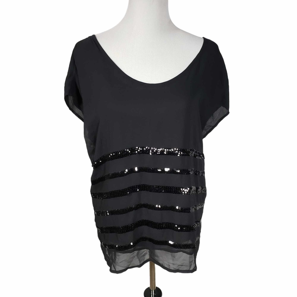 ANA A.N.A. Women's size Large Black w/ Sequins Sheer Short Sleeve Blouse